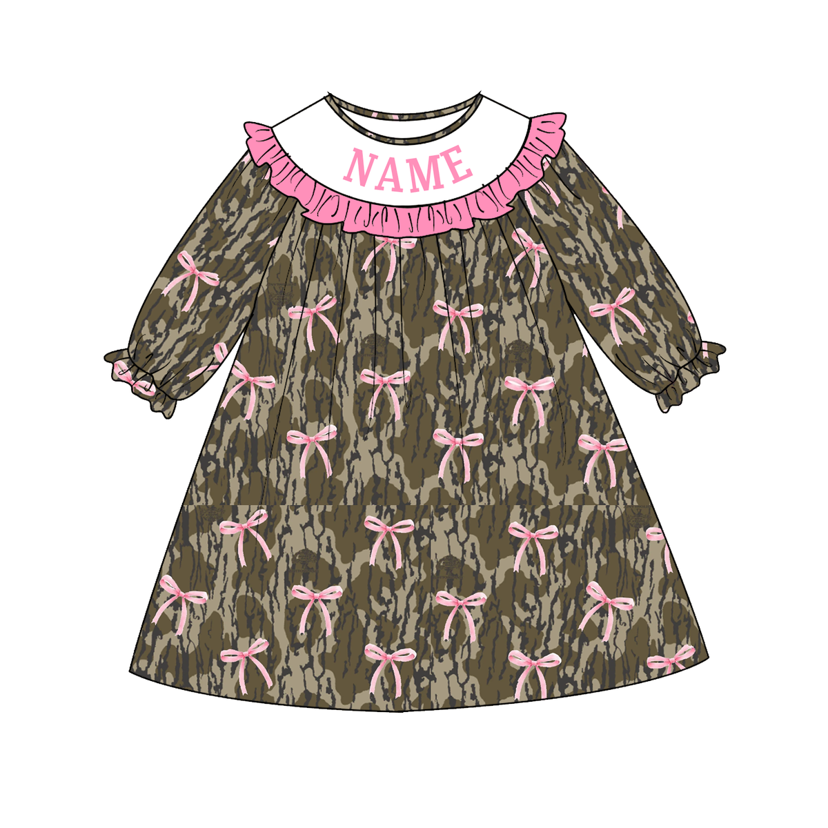 Personalized Camo & Pink Bow Kids Outfits – Custom Name Embroidery Girls Dress, Romper, Ruffle Pants Set & Boys Overall Romper