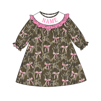 Personalized Camo & Pink Bow Kids Outfits – Custom Name Embroidery Girls Dress, Romper, Ruffle Pants Set & Boys Overall Romper