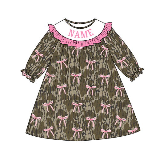 Personalized Camo & Pink Bow Kids Outfits – Custom Name Embroidery Girls Dress, Romper, Ruffle Pants Set & Boys Overall Romper