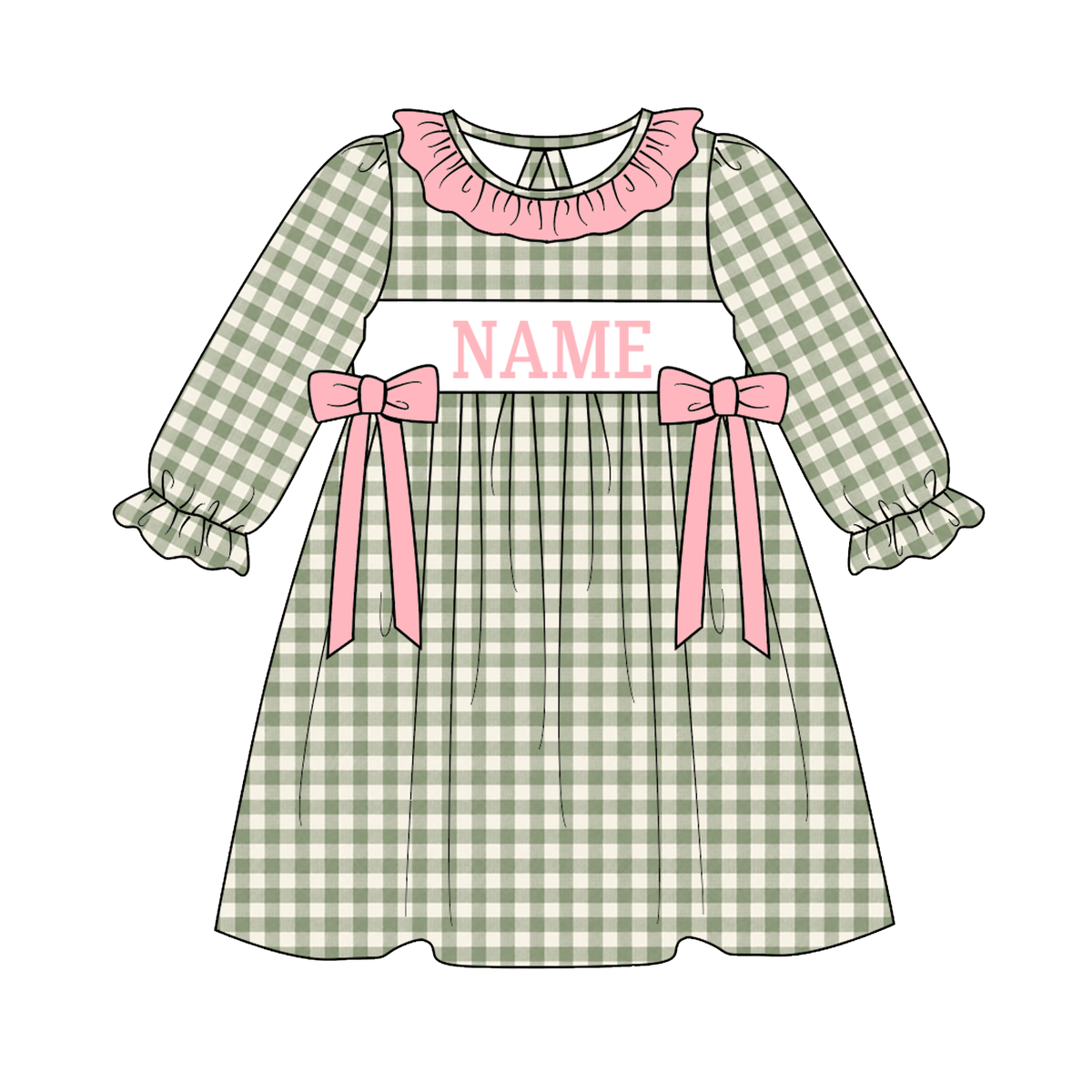 Personalized Sage Green Gingham Smocked Outfits – Custom Name Embroidery Girls Dress, Baby Rompers & Boys 2-Piece Set