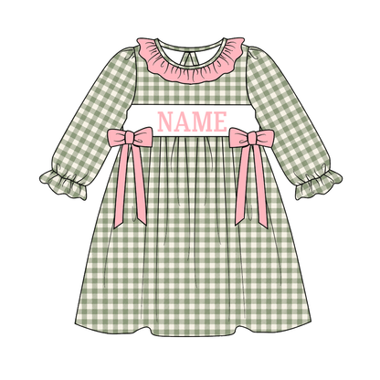 Personalized Sage Green Gingham Smocked Outfits – Custom Name Embroidery Girls Dress, Baby Rompers & Boys 2-Piece Set