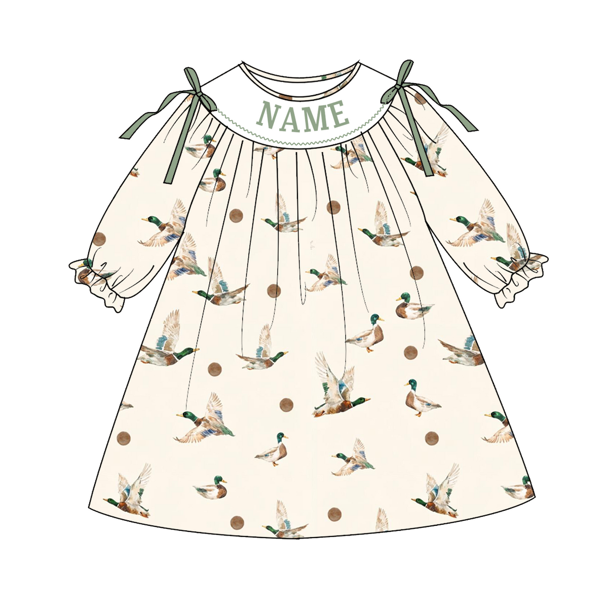 Personalized Girls Mallard Duck Print Outfits – Custom Name Embroidery Dress, Ruffle Bell Bottom Pants Set & Baby Bloomer Set