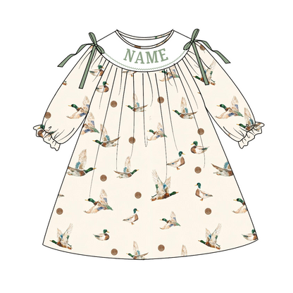 Personalized Girls Mallard Duck Print Outfits – Custom Name Embroidery Dress, Ruffle Bell Bottom Pants Set & Baby Bloomer Set
