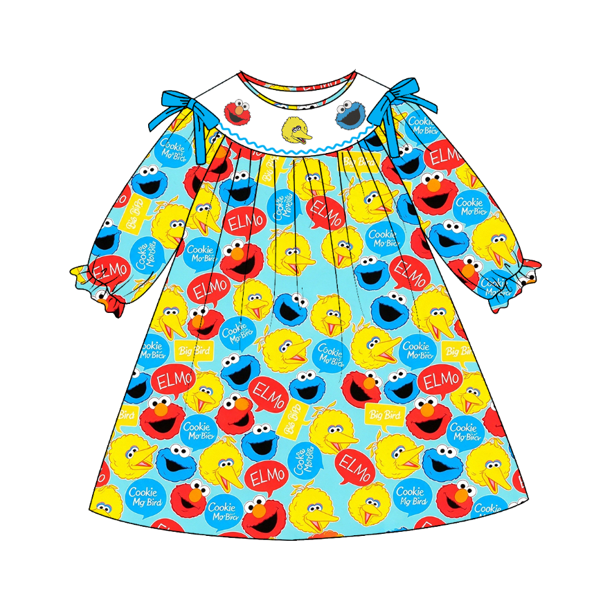 Kids Cartoon Character Smocked Embroidery Collection – Girls Dress & Bubble Romper, Boys Long Sleeve Pants Set