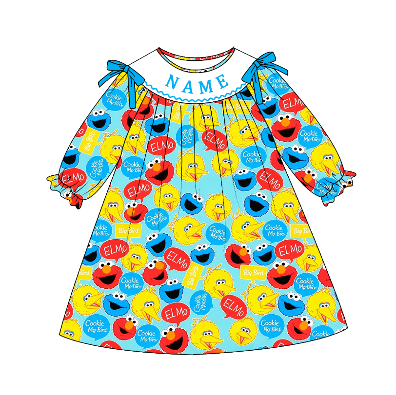 Personalized Kids Cartoon Smocked Embroidery Collection – Custom Name Girls Dress, Bubble Romper & Boys Long Sleeve Pants Set