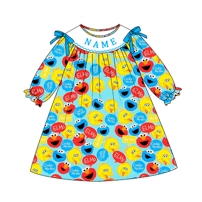 Personalized Kids Cartoon Smocked Embroidery Collection – Custom Name Girls Dress, Bubble Romper & Boys Long Sleeve Pants Set