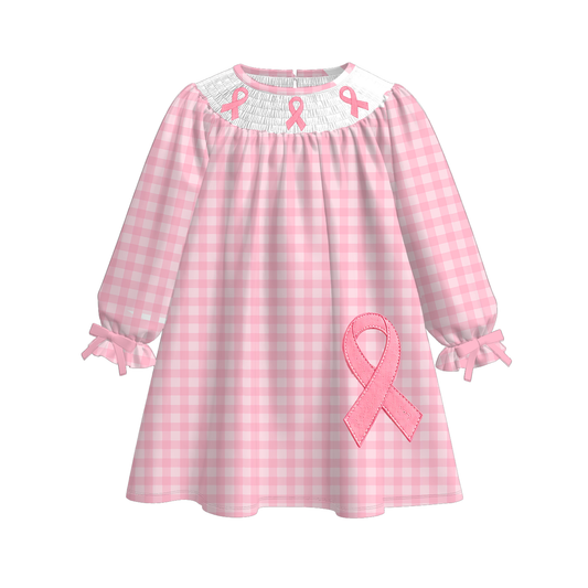 Girls Pink Smocked Embroidered Breast Cancer Awareness Collection | Long Sleeve Dress, Ruffle Pant Set & Bubble Romper