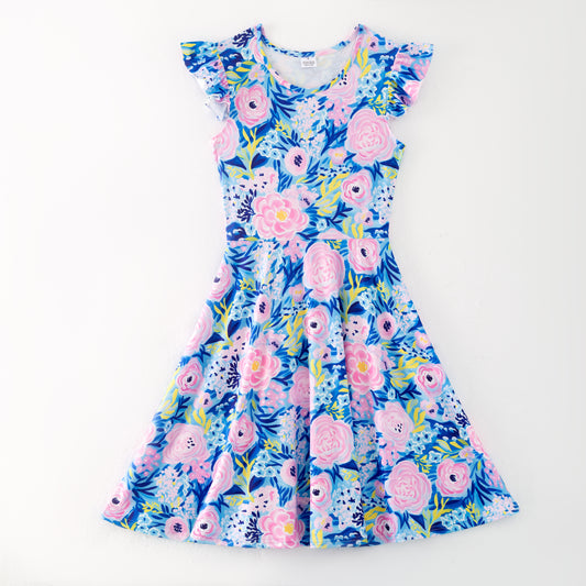 Women Summer Blue Pink Floral Print Milk Silk Soft Dress