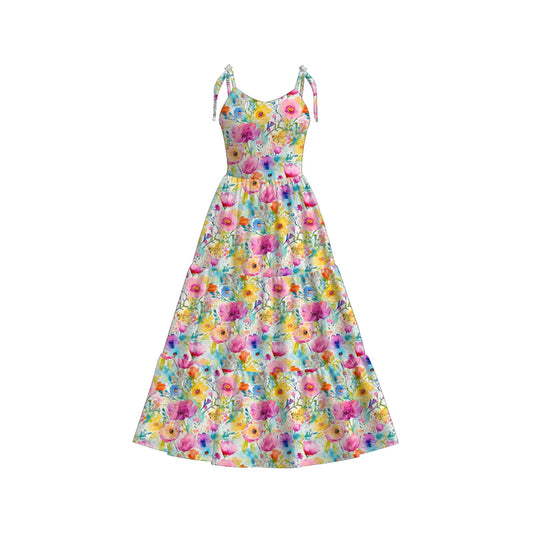 Women Summer Yellow Pink Floral Print Milk Silk Soft Dress