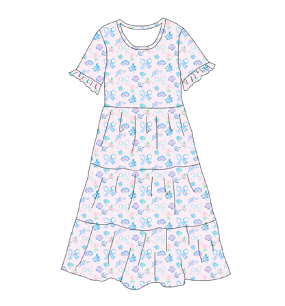 Mommy and Me Floral Bow Patchwork Short Sleeves Dress