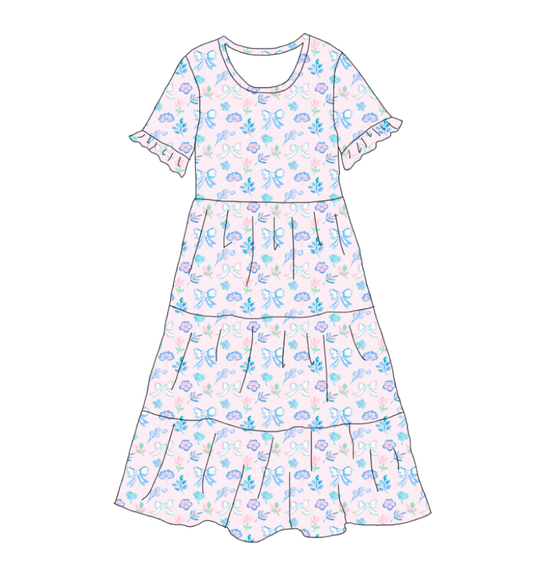 Mommy and Me Floral Bow Patchwork Short Sleeves Dress