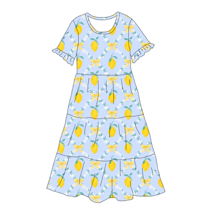 Mommy and Me Lemon Bow Patchwork Short Sleeves Dress