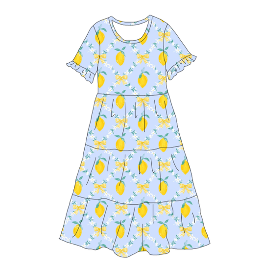 Mommy and Me Lemon Bow Patchwork Short Sleeves Dress