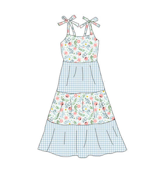Mommy and Me Floral Plaid Patchwork Slip Dress