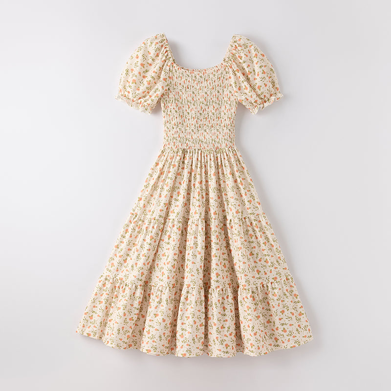 Women Fall Smocking Floral Print Patchwork Maxi Dress