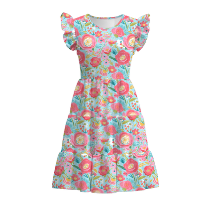 Mommy And Me Summer Coral Blue Floral Matching Dress Set