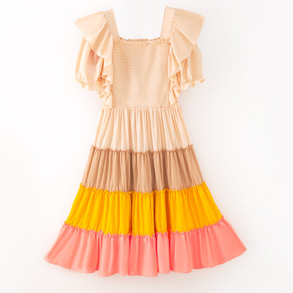 Mommy&Me Fall Autumn Pink Yellow Begie Smocked Maxi Dress