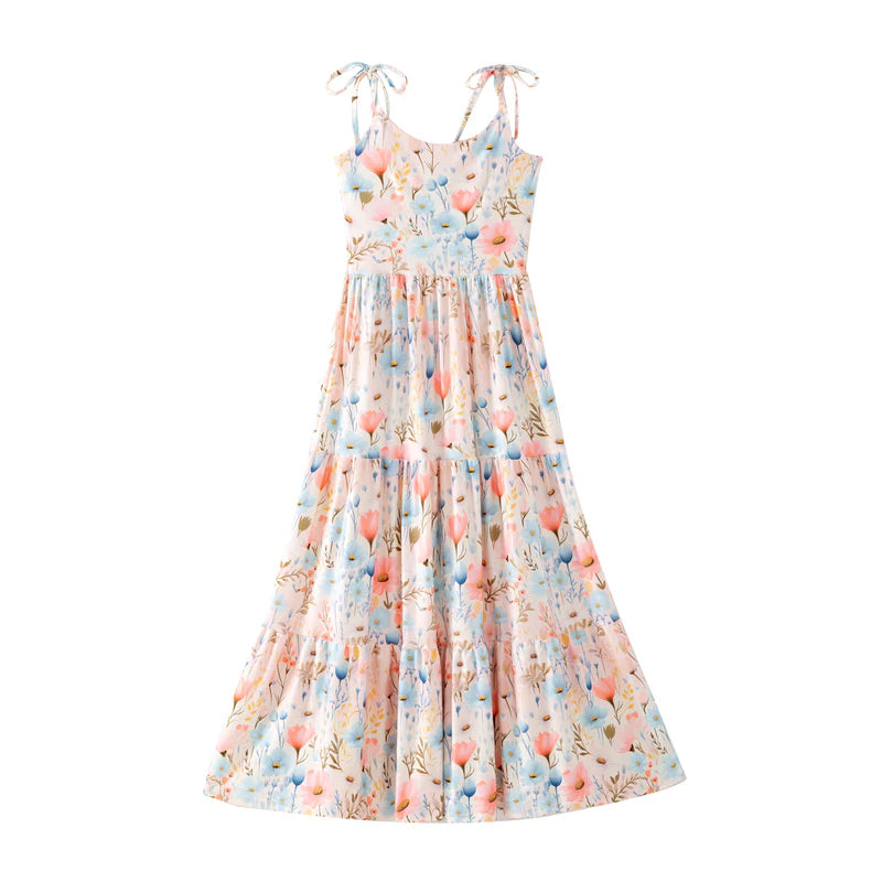 Mommy and Me Summer Floral Print Slip Maxi Ruffled Dress