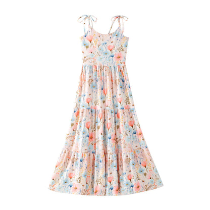 Mommy and Me Summer Floral Print Slip Maxi Ruffled Dress