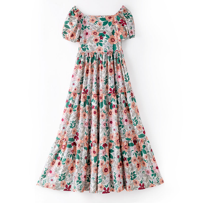Women Adult Fall Pink Green Floral Maxi Dress