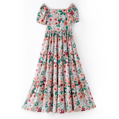 Women Adult Fall Pink Green Floral Maxi Dress