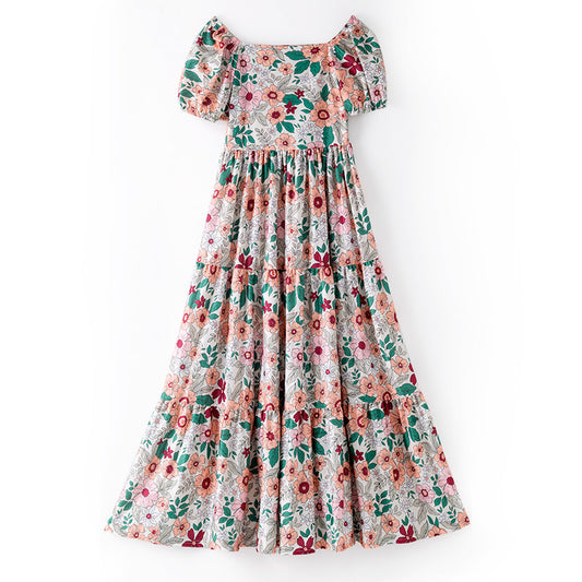 Women Adult Fall Pink Green Floral Maxi Dress