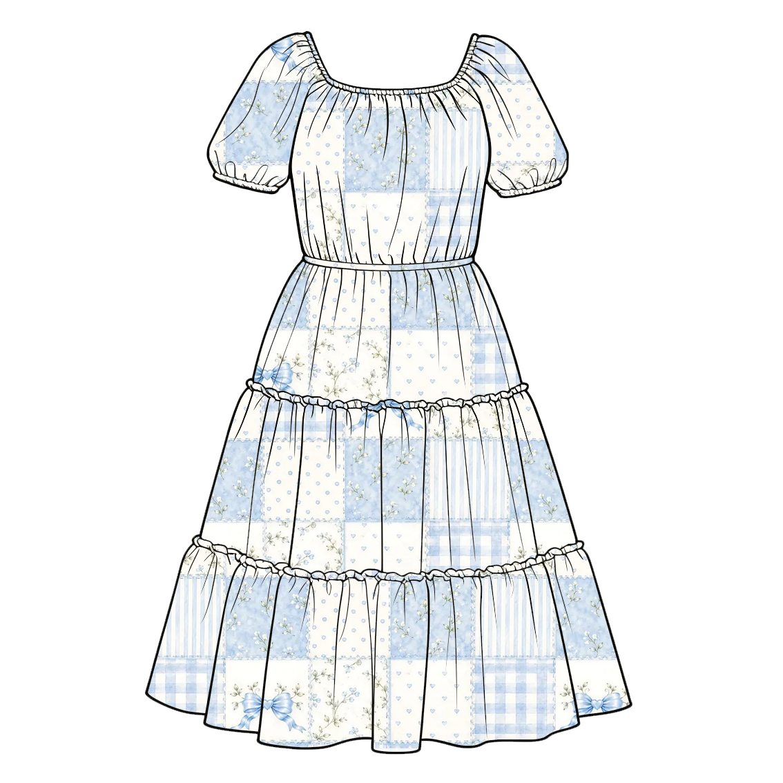 Christmas Blue & Pink Patchwork Family Matching Collection – Girls Dress, Romper, Skirt & Flare Pant Sets, Women’s Maxi Dress