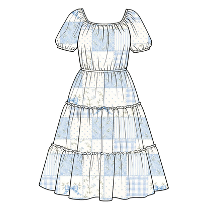 Christmas Blue & Pink Patchwork Family Matching Collection – Girls Dress, Romper, Skirt & Flare Pant Sets, Women’s Maxi Dress