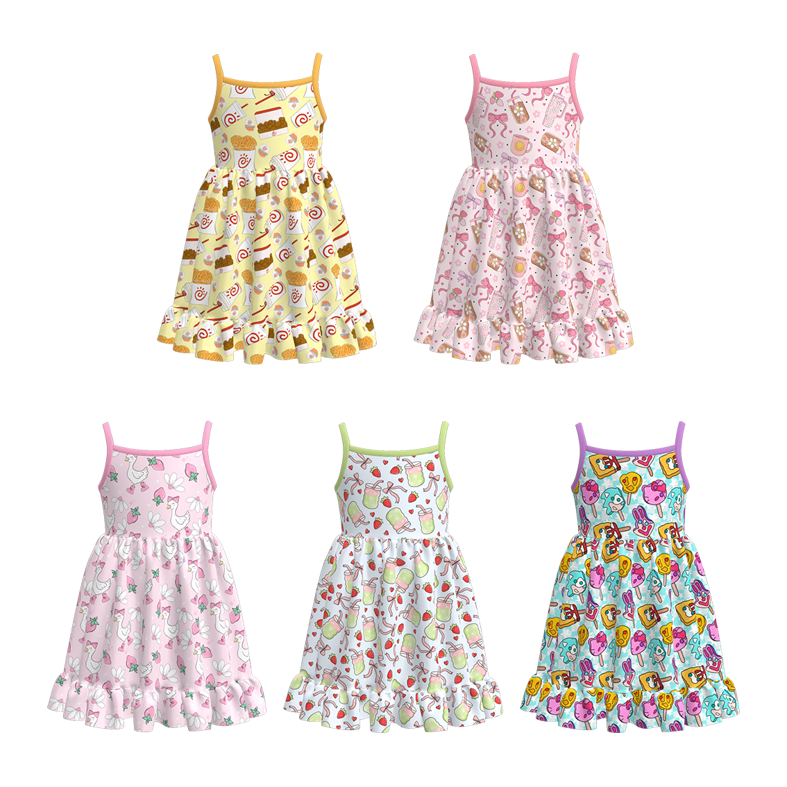 Girls Summer Goose Bow Drink Print Slip Ruffled Dress