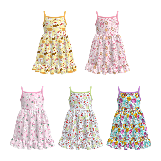 Girls Summer Goose Bow Drink Print Slip Ruffled Dress