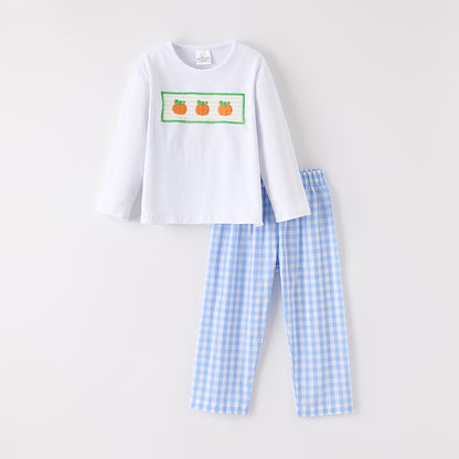 Boys Halloween Fall Pumpkin Embroidery Smock Blue Plaid Pant Set