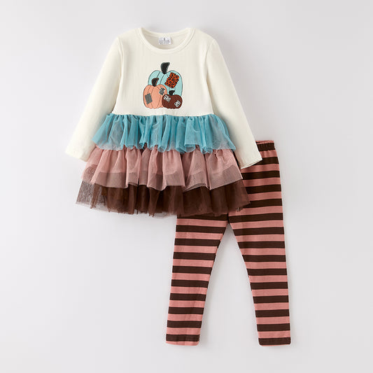 Girls Thanksgiving Pumpkin Embroidery Tulle Ruffled Pant Set