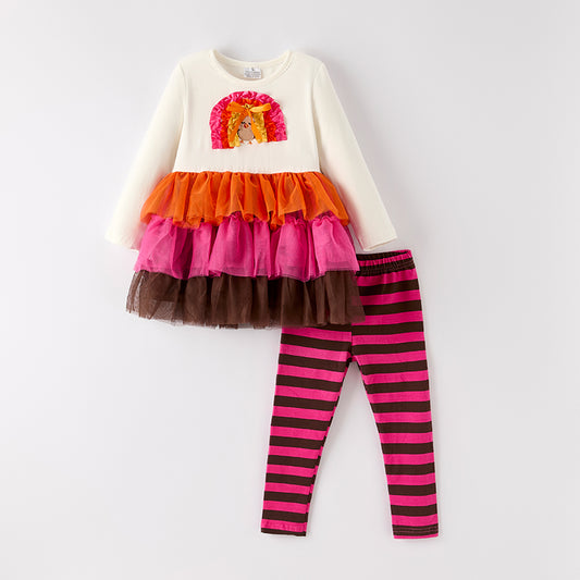 Girls Thanksgiving Turkey Embroidery Tulle Ruffled Pant Set