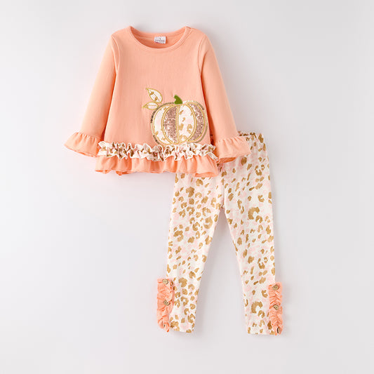 Girls Fall Thanksgiving Sequin Pumpkin Embroidery Pant Set