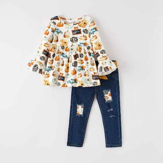Girls Halloween Fall Pumpkin Denim Pant Set