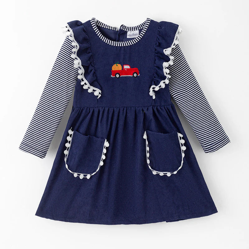 Girls Fall Halloween Pumpkin Embroidery Blue Stripes Dress