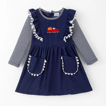 Girls Fall Halloween Pumpkin Embroidery Blue Stripes Dress