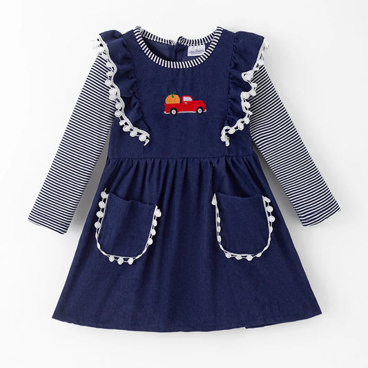 Girls Fall Halloween Pumpkin Embroidery Blue Stripes Dress