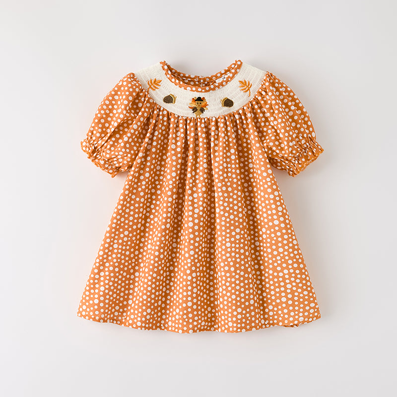 Girls Thanksgiving Fall Turkey Smock Embroidery Orange Dot Dress