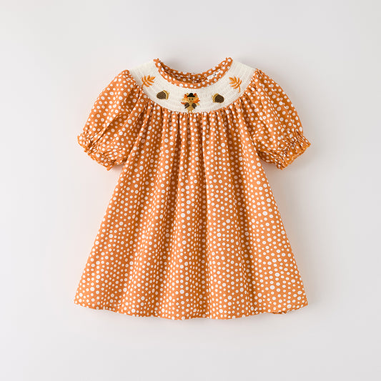 Girls Thanksgiving Fall Turkey Smock Embroidery Orange Dot Dress