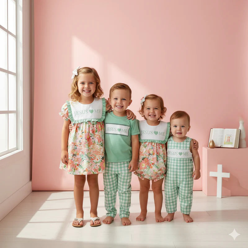 Kids Fall Sibling JESUS LOVE ME Embroidery Green Floral Plaid Clothes