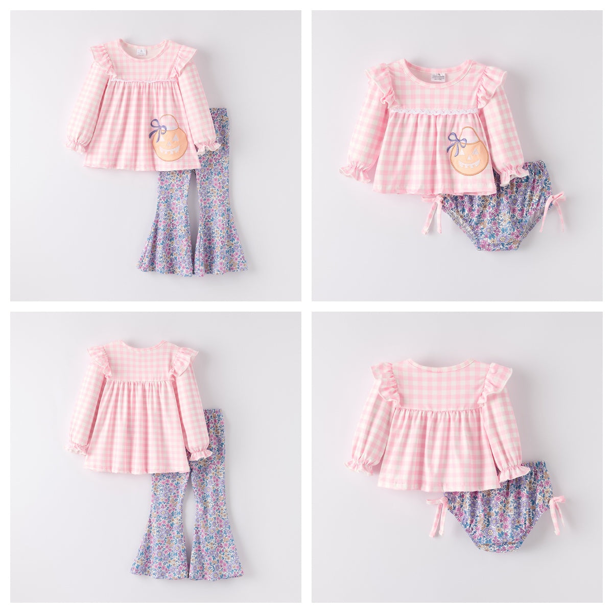 Girls' Halloween Embroidered Set – Pink Gingham Pumpkin Top + Floral Bottoms