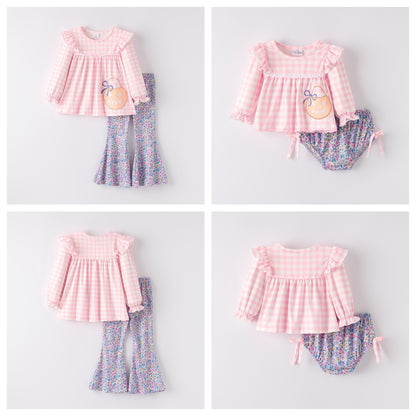 Girls' Halloween Embroidered Set – Pink Gingham Pumpkin Top + Floral Bottoms