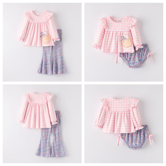 Girls' Halloween Embroidered Set – Pink Gingham Pumpkin Top + Floral Bottoms