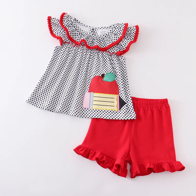 Girls Back To School Apple Pencil Applique Short Set