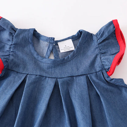 Girls Back To School Apple Applique Red Blue Short Set