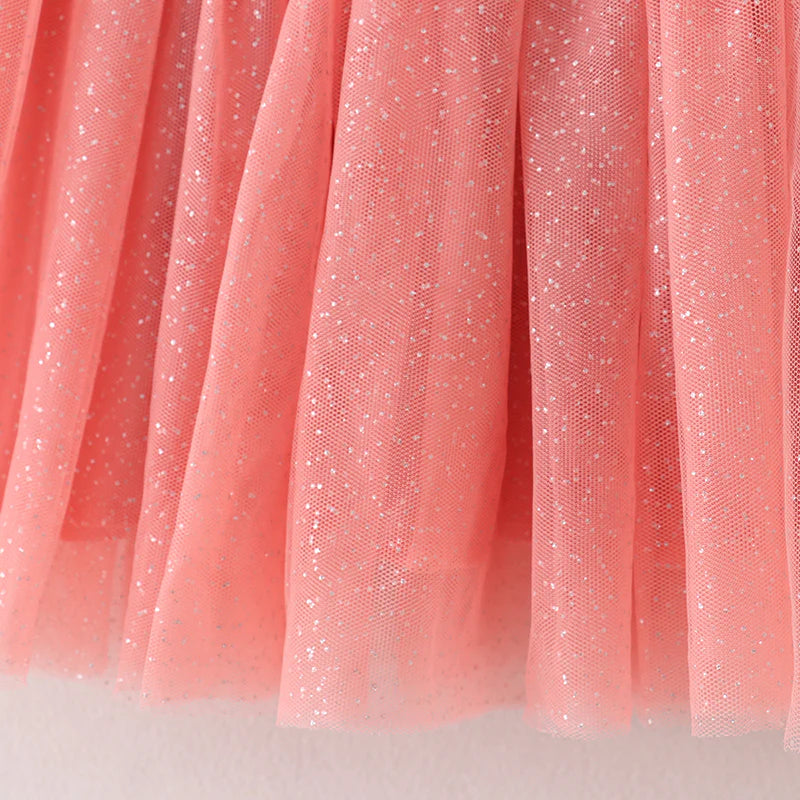 Fall Leaves Print Pink Tulle Long Sleeves Dress