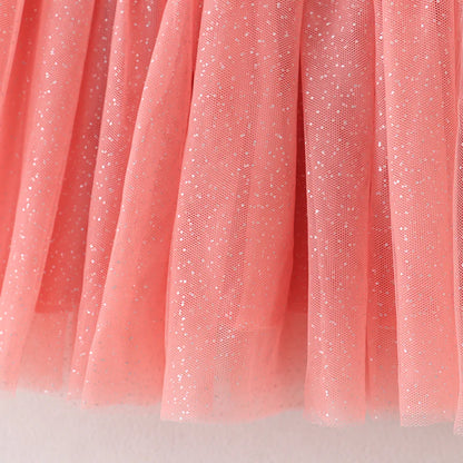Fall Leaves Print Pink Tulle Long Sleeves Dress
