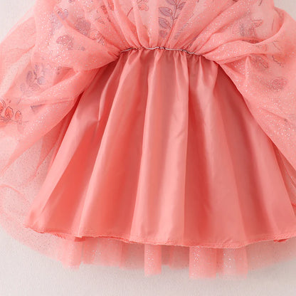 Fall Leaves Print Pink Tulle Long Sleeves Dress