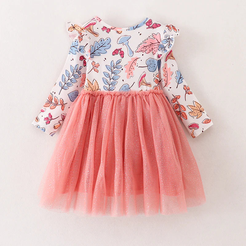 Fall Leaves Print Pink Tulle Long Sleeves Dress